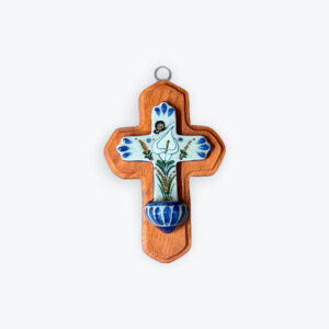 Tonala water font stoneware cross with wood