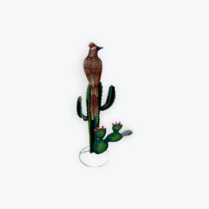 Metal saguaro table top with resin road runner on top 28in x 13in