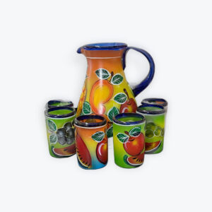 Large decorated blown glass pitcher 7pcs set 12in x 8in