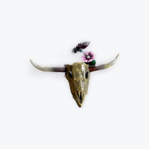 Hanging cow skull with humming bird L 29in H 19in